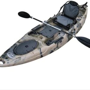 BKC RA220 11.5′ Sit-On-Top Angler Fishing Kayak – Green Camo with Paddles, Upright Chair & Rudder System