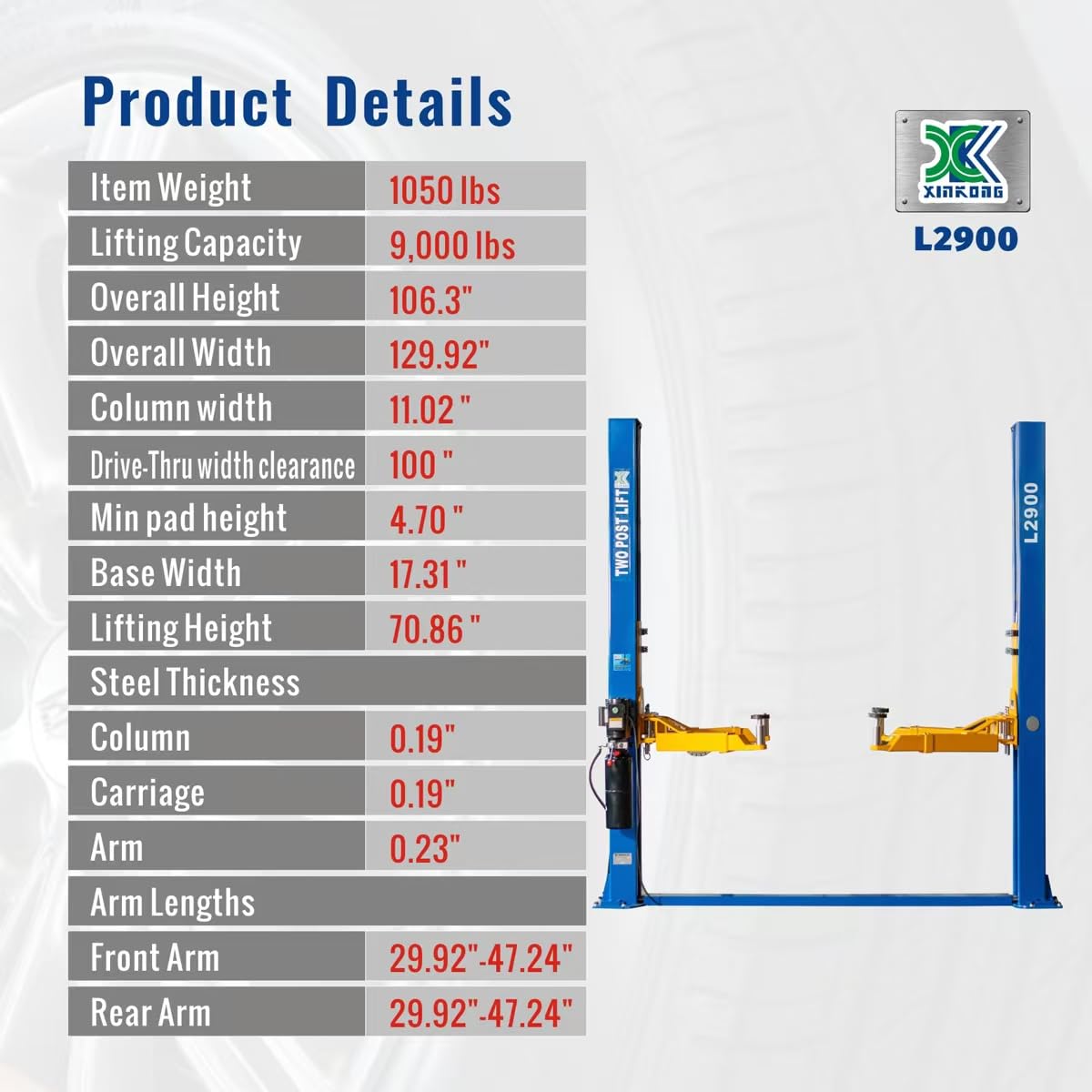 XK L1000 2-Post Car Lift – 10,000 lbs / 4,536 kg Capacity, 220V Auto Hydraulic Truck Hoist with 3-Year Parts Warranty - Image 21