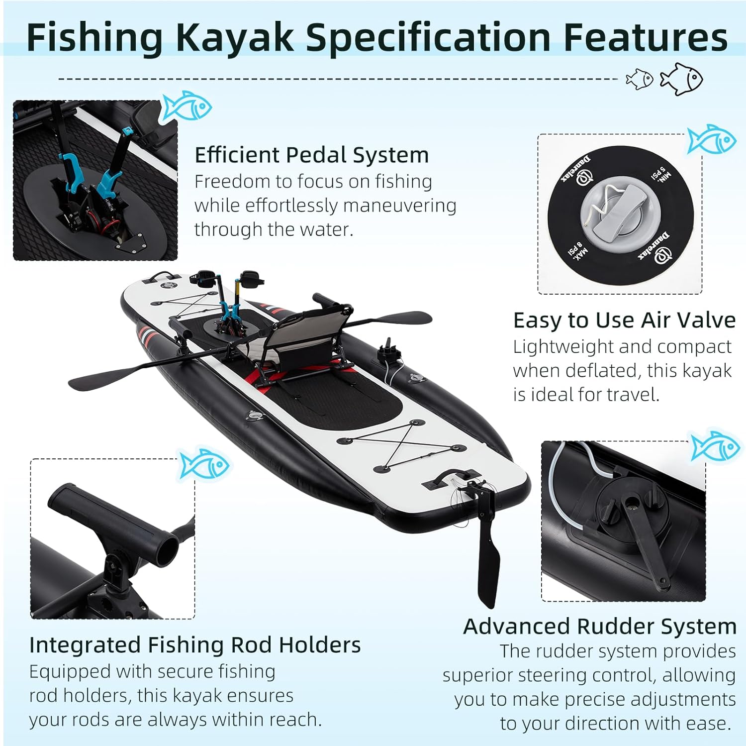 12ft Inflatable Fishing Kayak with Pedal System – PVC Premium, Aluminum Seat, Rudder & Accessories - Image 5