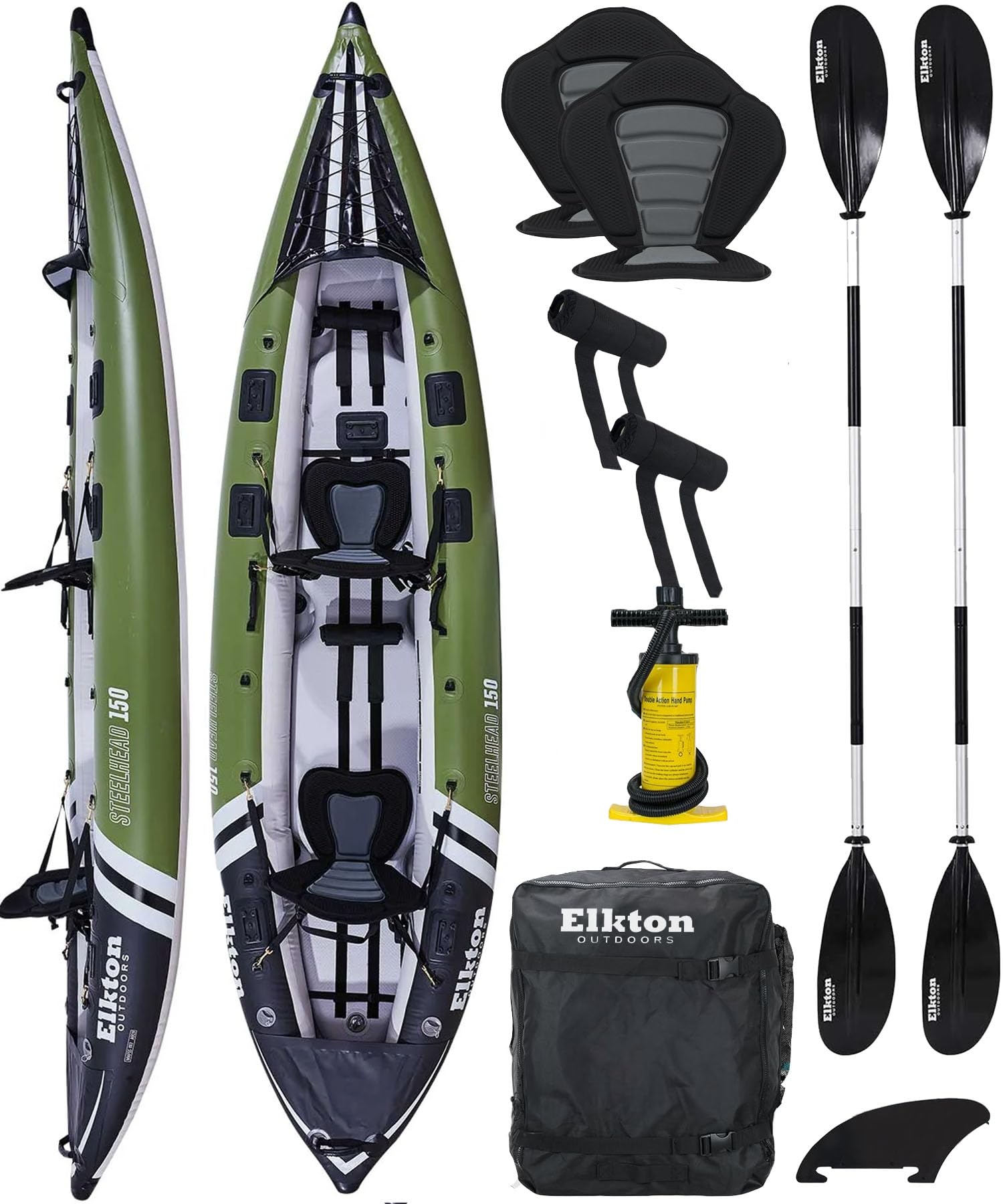 Elkton Outdoors Steelhead 130 12’6″ Inflatable Fishing Kayak – Rigid Dropstitch Floor, Tandem Kayak with Seats, Paddles & Accessories