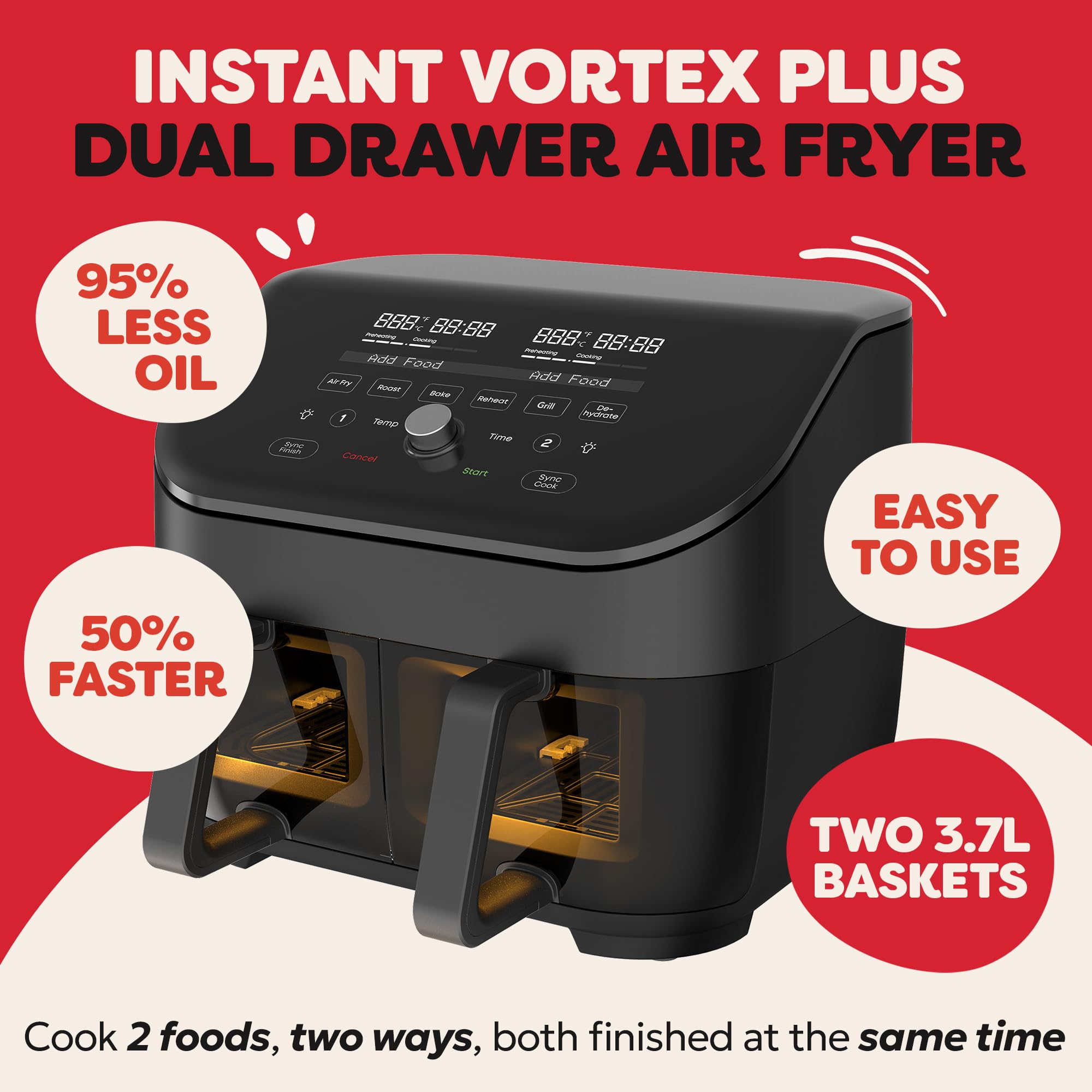 Instant Pot VersaZone Dual Air Fryer 8.5L – Double Basket with Divider, 8-in-1 Smart Cooking, Energy Saving, Easy Clean, Black Stainless Steel - Image 8
