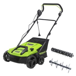 Greenworks 13 Amp Corded Dethatcher & Scarifier – 14″ (35.6 cm) Deck, 5-Position Depth (DT13B00)