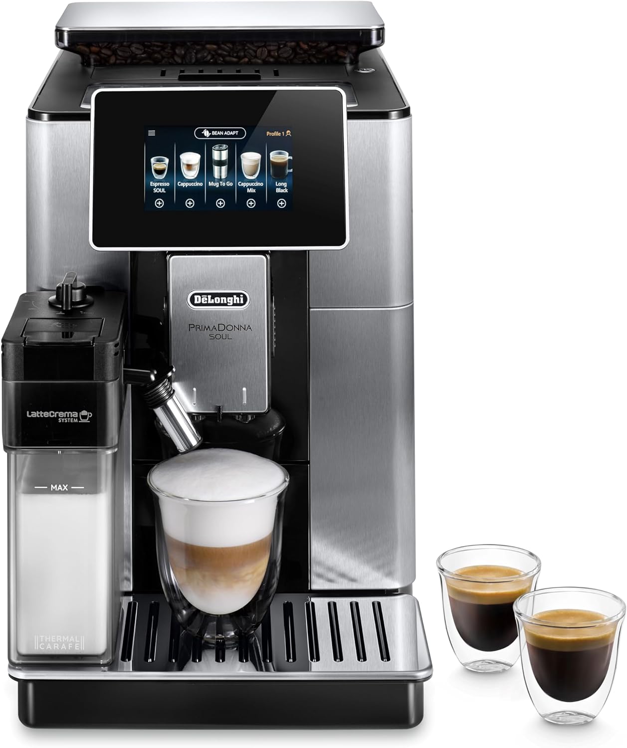De’Longhi Primadonna Soul ECAM610.75.mb – Fully Automatic Bean-to-Cup Espresso & Cappuccino Maker with Bean Adapt Tech, 4.3″ TFT, 2.2 L Tank (Black/Silver)