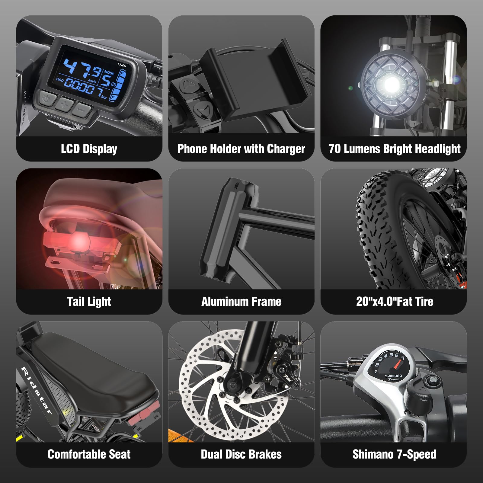 Ridstar Q20 20″ Fat-Tyre Electric Dirt Bike – Peak 1500 W motor, 48 V 15.6 Ah battery (30-75 mi range), 30 mph top-speed - Image 11