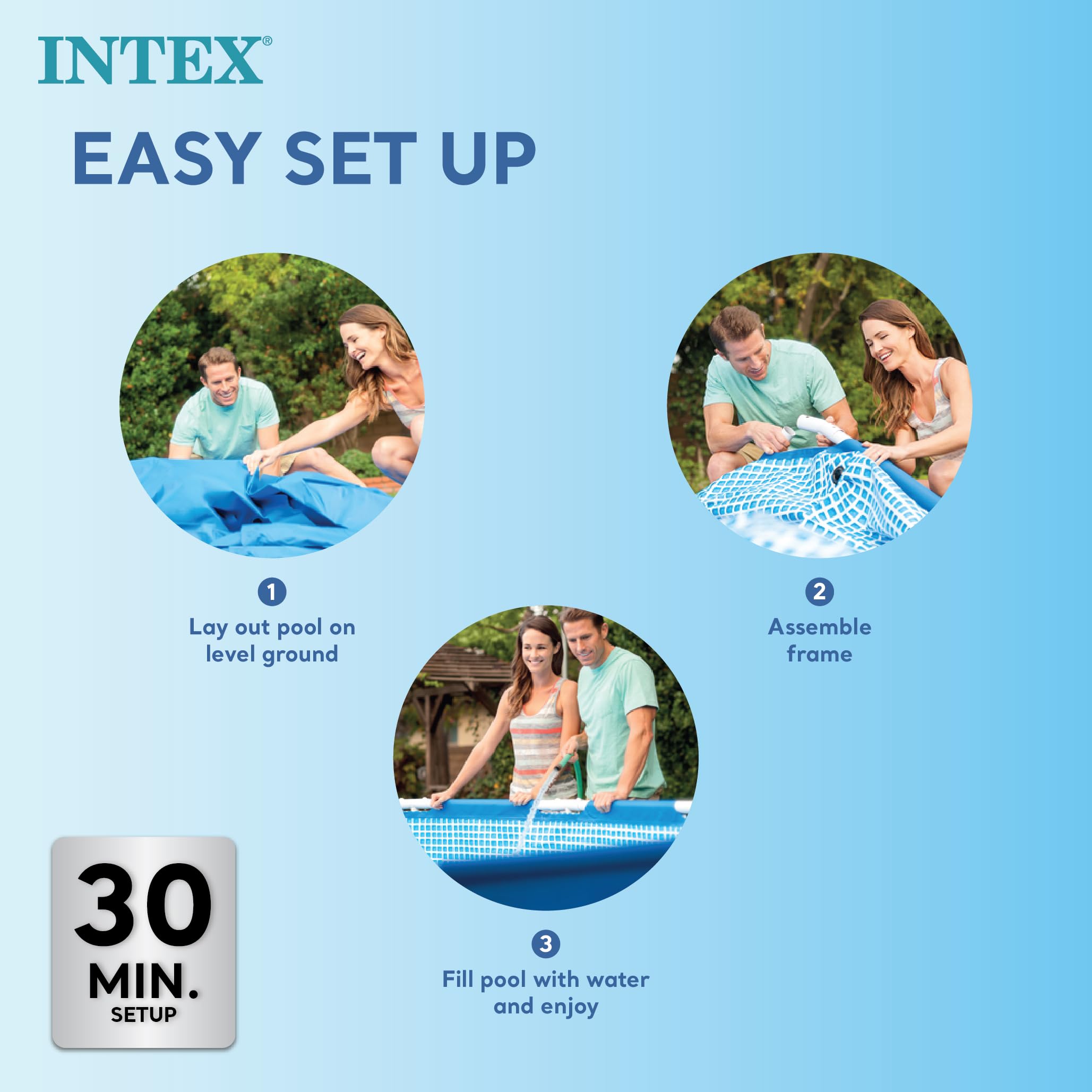 Intex 9.8ft x 6.6ft x 29.5in (300cm x 201cm x 75cm) Rectangular Above Ground Pool with Metal Frame & Flow Control Valve – Easy Setup Family Backyard Pool – 4,500L Capacity – Blue - Image 22