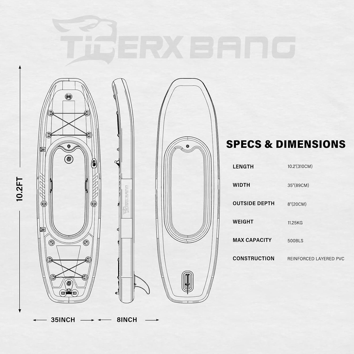 TIGERXBANG 10.2′×35″ Inflatable SUP-Kayak Boat – 500 lb Capacity, Fishing & Touring Set with Oar, Pump, Backpack - Image 3