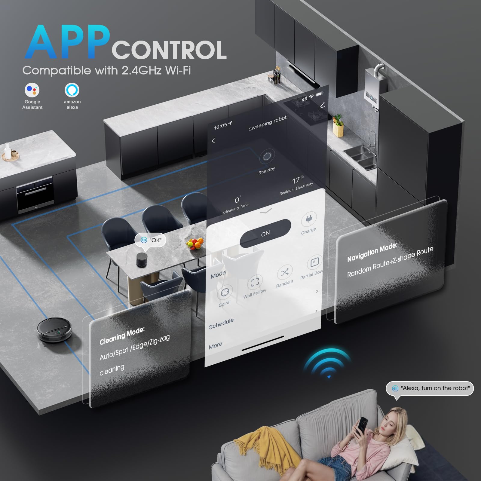 SHELIKI BR151 Robot Vacuum and Mop – 2-in-1 Smart Cleaner with 5500rpm Suction, WiFi/App/Alexa Control, Obstacle Avoidance, Quiet Mode, Ideal for Pet Hair, Hard Floors & Carpets - Image 6