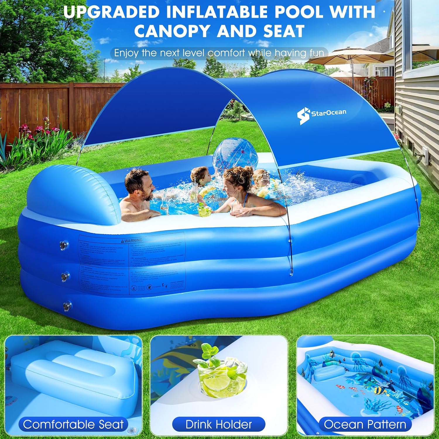 StarOcean 126" x 75" x 25" (320cm x 190cm x 64cm) Inflatable Pool with Canopy for Adults & Kids – Thick 0.6mm PVC, Built-in Seats, Backrests, and Ocean Print – Large Rectangular Blow-Up Family Pool for Backyard - Image 6