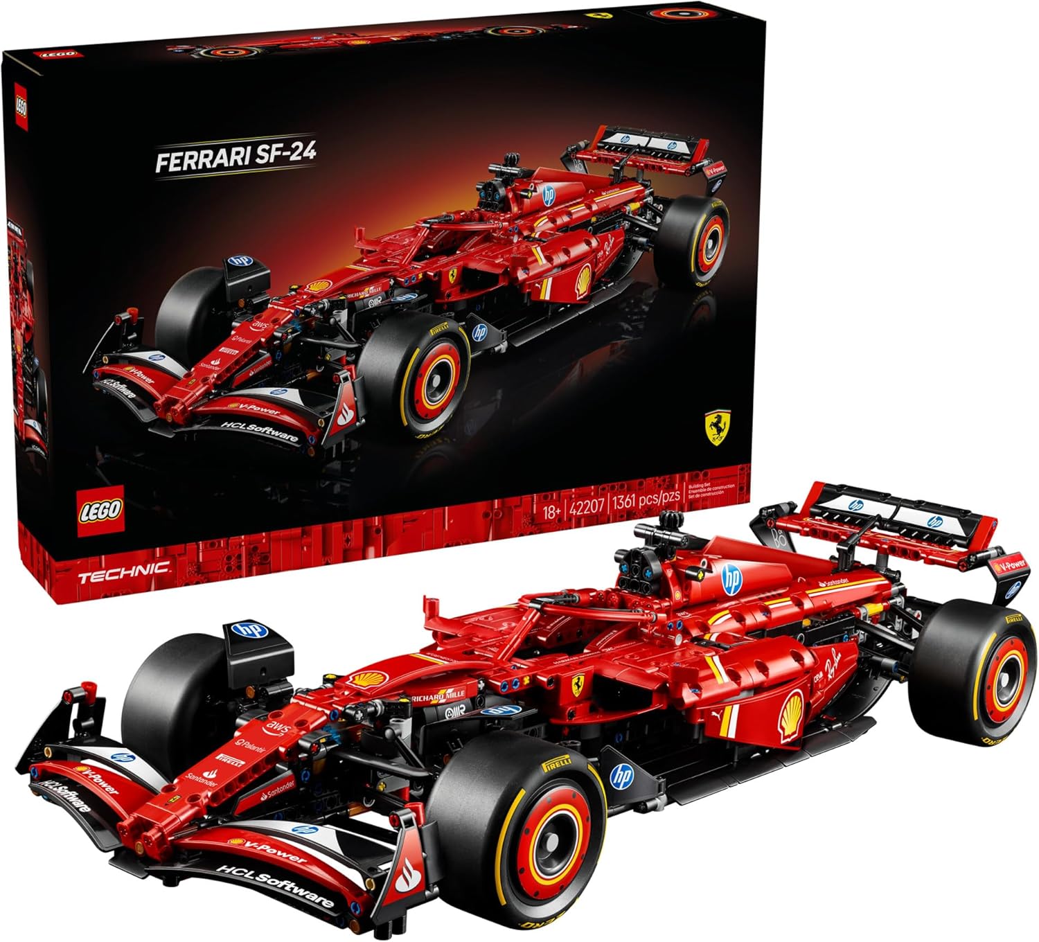 LEGO Technic Ferrari SF-24 F1 Car Model Kit 42207 – 1:8 Scale Buildable Set for Adults with V6 Engine, Gearbox & Adjustable Spoiler – Collectible F1 Display Gift for Racing Fans – 1,362 Pieces