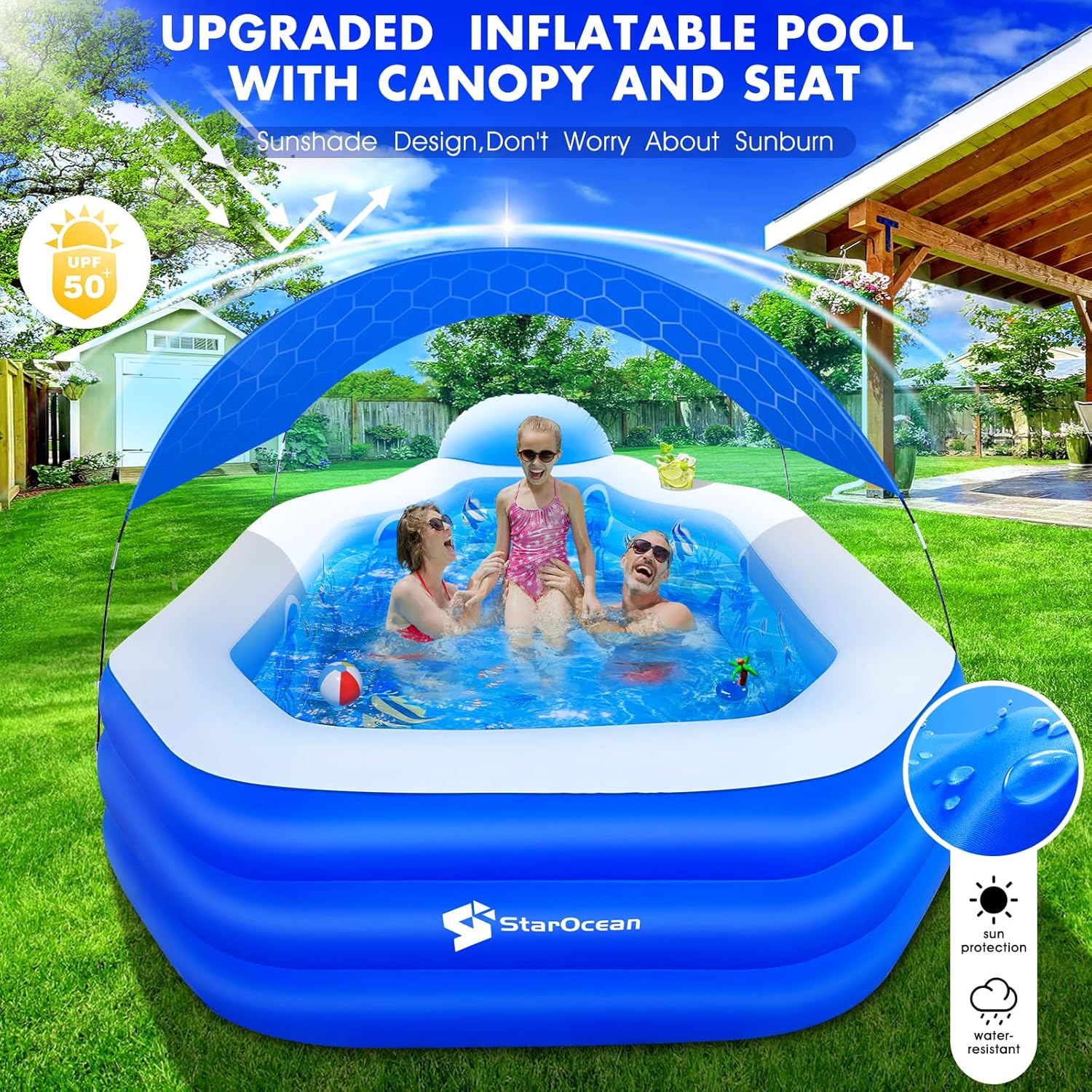StarOcean 126" x 75" x 25" (320cm x 190cm x 64cm) Inflatable Pool with Canopy for Adults & Kids – Thick 0.6mm PVC, Built-in Seats, Backrests, and Ocean Print – Large Rectangular Blow-Up Family Pool for Backyard - Image 2