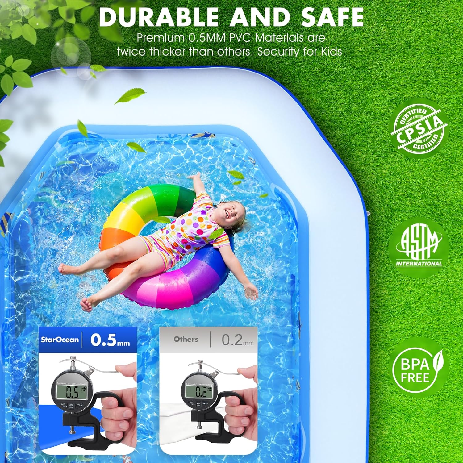 StarOcean 126" x 75" x 25" (320cm x 190cm x 64cm) Inflatable Pool with Canopy for Adults & Kids – Thick 0.6mm PVC, Built-in Seats, Backrests, and Ocean Print – Large Rectangular Blow-Up Family Pool for Backyard - Image 5