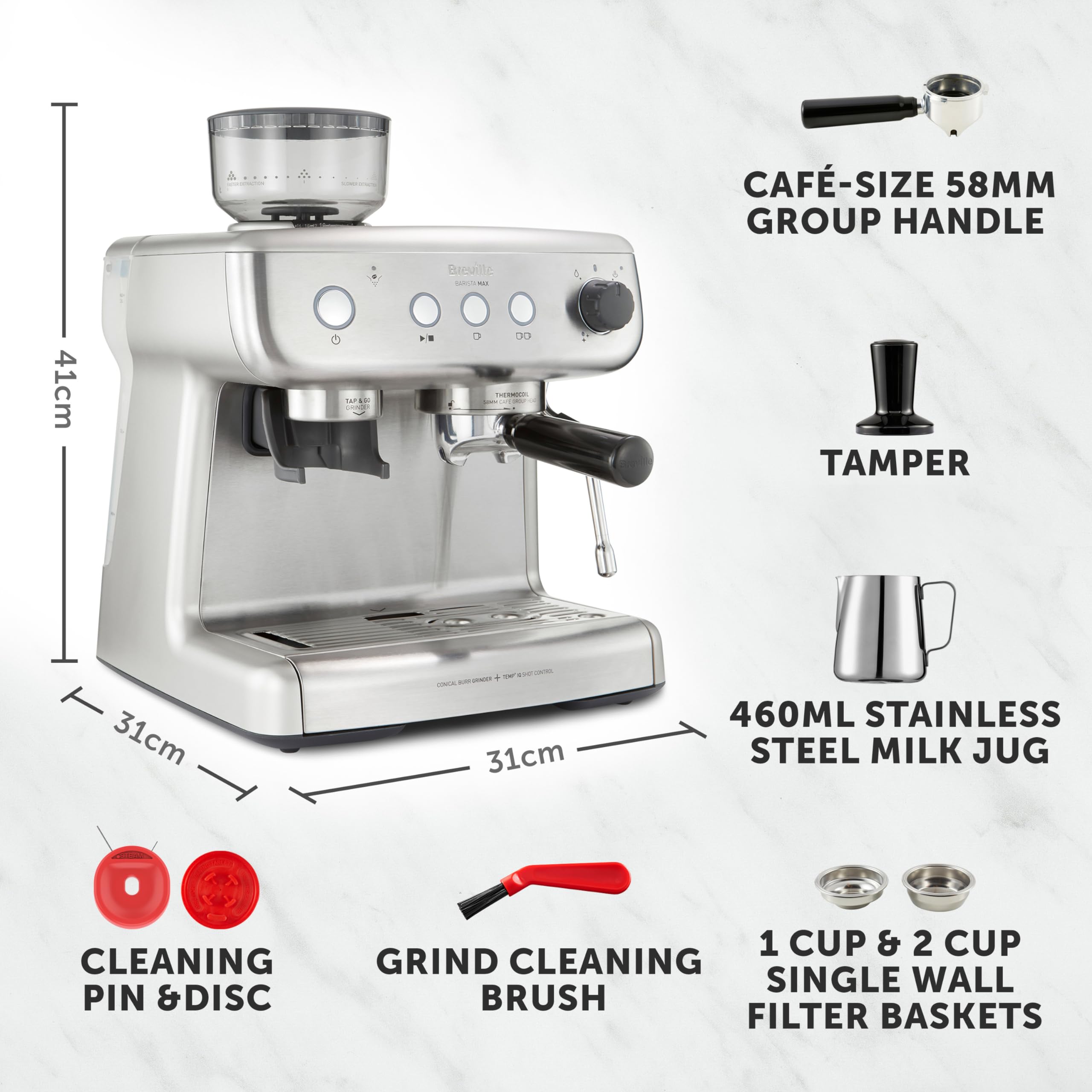 Breville Barista Max Espresso Machine – Integrated Bean Grinder, Milk Frother, 15 Bar Pump, 2.8L Tank, Stainless Steel Espresso, Latte & Cappuccino Maker - Image 26